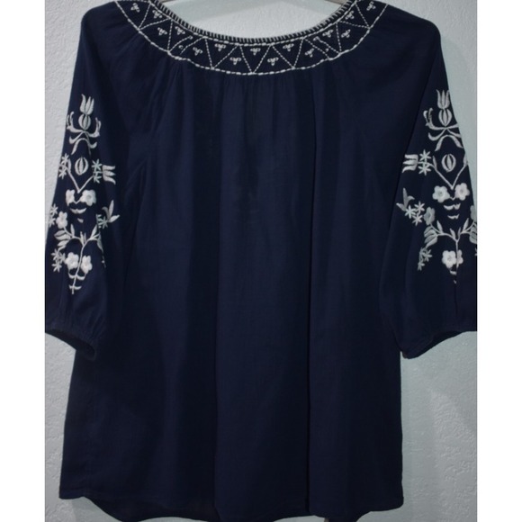 TALBOTS 1X Cotton Navy Blue White Embroidery 3/4 Sleeves Gauze Peasant Boho Top - Picture 3 of 16